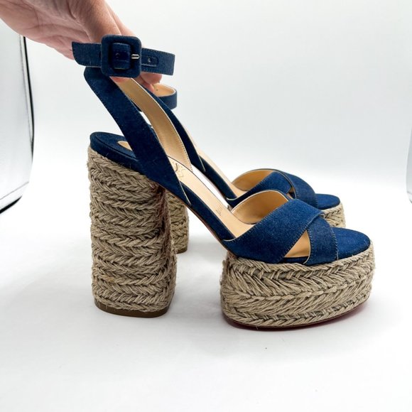 Christian Louboutin Super Mariza Denim Platform Red Bottom Espadrilles Sz 37 - Picture 2 of 12